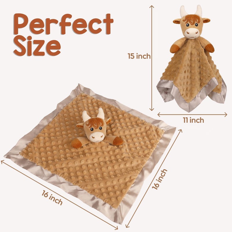 MOVEPAI Baby Security Blanket, Soft Baby Lovey Toy Blanket for Boys, Snuggle Toy Lovie Newborn Blankie, for Boy Highland Cow 16 Inch - Image 3